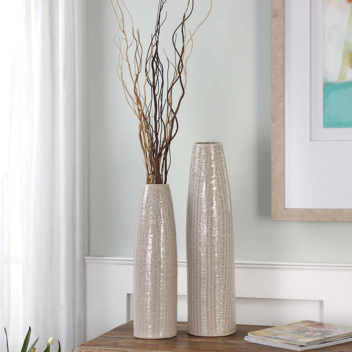 Sara Textured Ceramic Vases Set/2, by Uttermost, 5.5" width x 22.5" height x 5.5" depth View 2