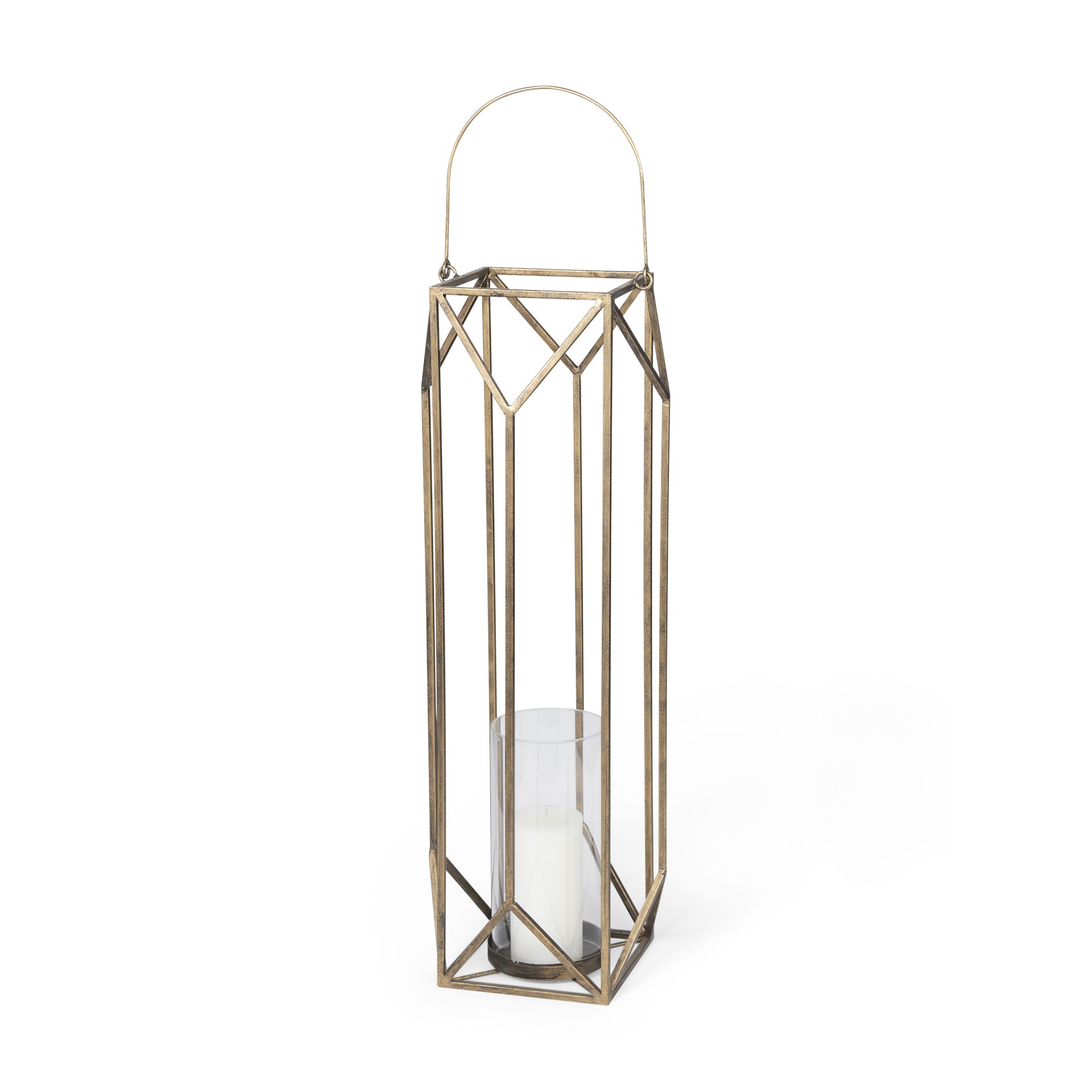 Ivy Large Gold Metal Geometric Cage Candle Holder Lantern, Lighting by Mercana, 10.24" length x 10.24" width x 36.02" height View 1