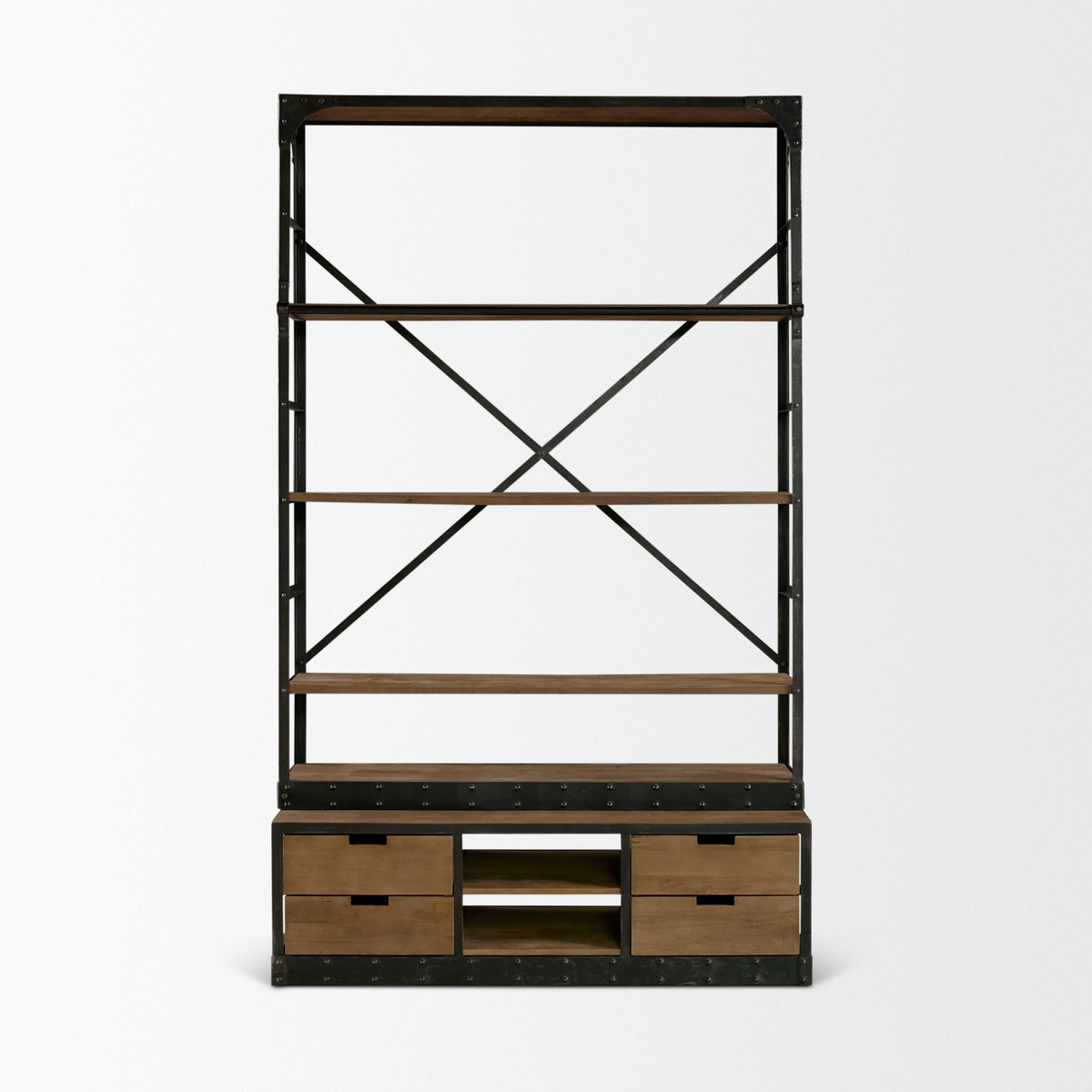 Brodie VIII 57L x 20.5W x 94H Brown Wood Gun-Metal Ladder Four Shelf Shelving Unit, Shelving & Bookcase by Mercana, 57" length x 20.5" width x 94" height View 8