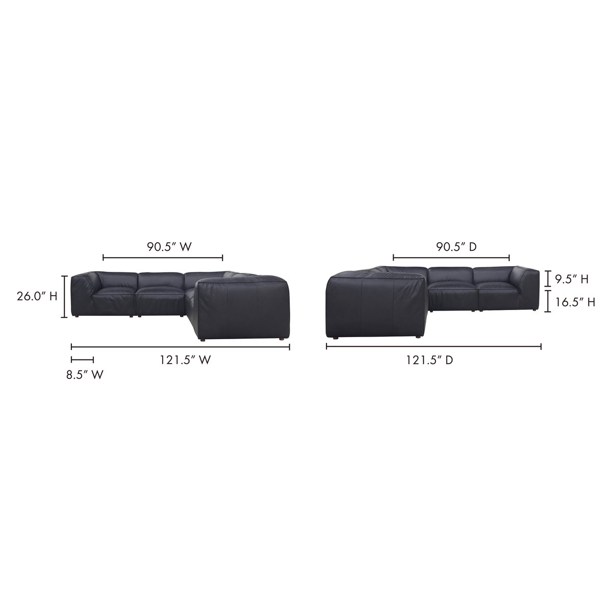 Form Classic L-shaped Modular Sectional Vantage Black Leather, Sectional Sofa by Moe's Home, 112" width x 26" height x 112" depth View 7