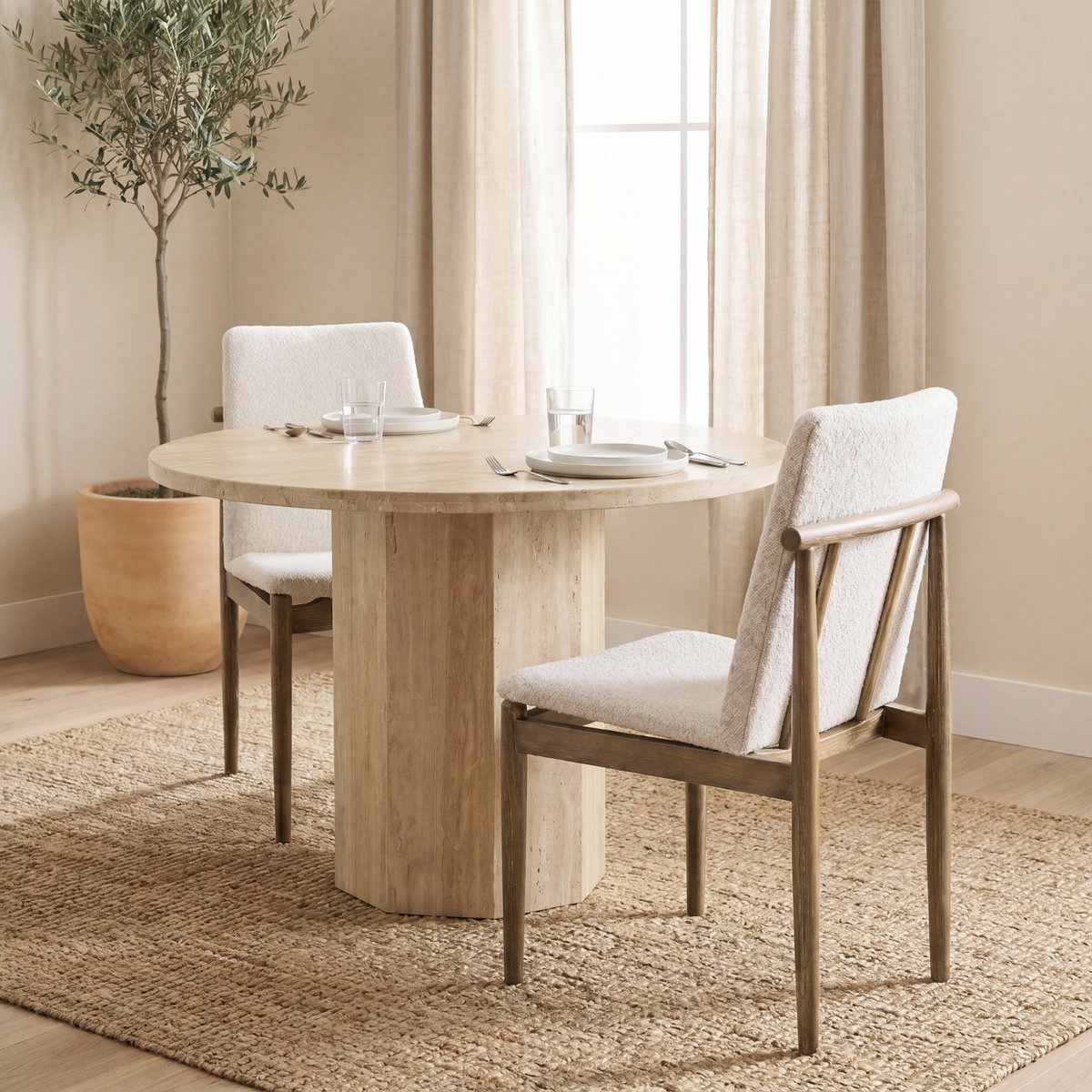 Cavett Curved Back Dining Side Chair | Cream Boucle with Wood, Dining Chair by Mercana, 18" length x 24.21" width x 33.46" height View 4