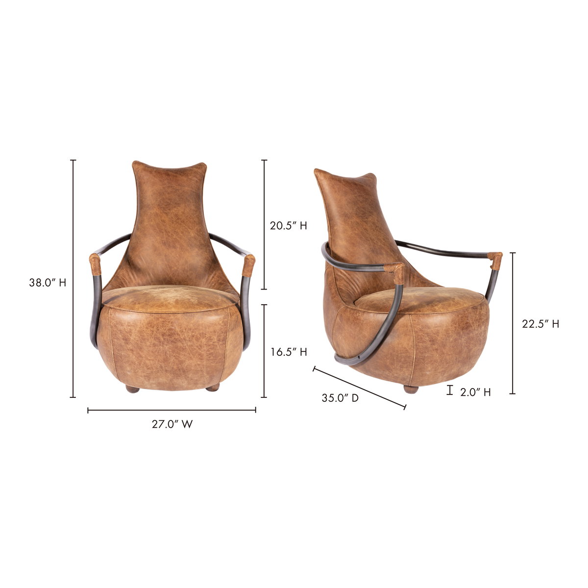 Carlisle Club Chair Brown, Accent Chair by Moe's Home, 27" width x 38" height x 35.5" depth View 12