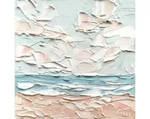 Online Designer Living Room Pastel Blue Beige San Clemente Beach Impasto Original Oil Painting Palette Knife Summer Coastal Artwork California Textured Neutral Wall Art