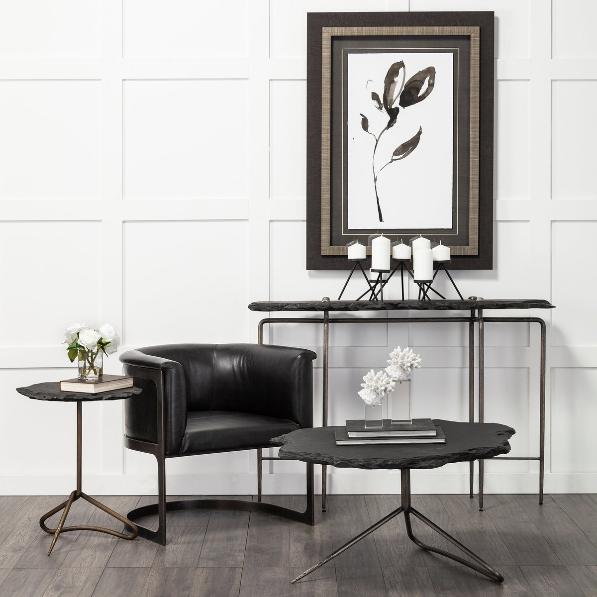 Pinera II 19L x 19W Black Slate Top with Triangular Iron Base Accent Table, Side & End Table by Mercana, 19" length x 19" width x 24" height View 3