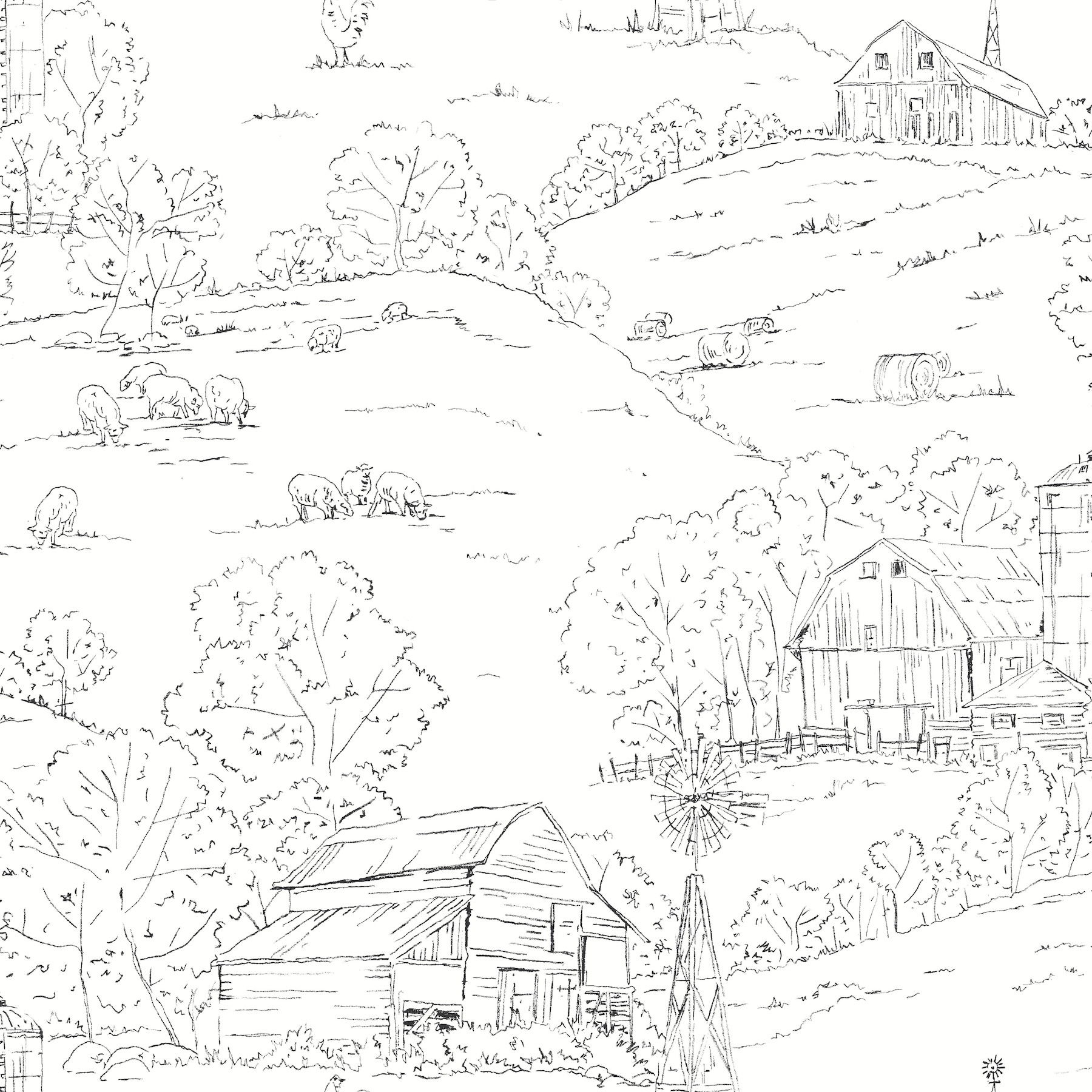 Pasture Toile Black & White Wallpaper large image 