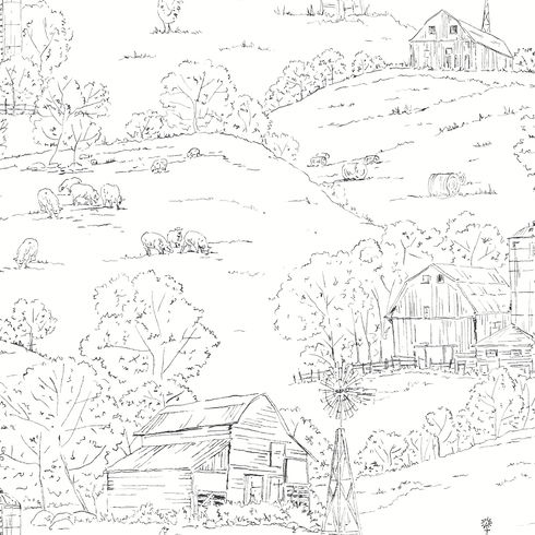 Pasture Toile Black & White Wallpaper