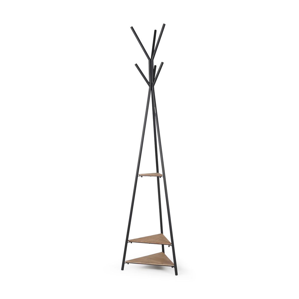 Everett Matte Black Metal with Two Wood Shelves Coat Rack, Stands, Racks & Hook by Mercana, 16.75" length x 16.75" width x 71" height View 1