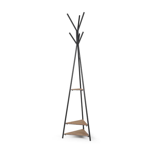 Everett Matte Black Metal with Two Wood Shelves Coat Rack