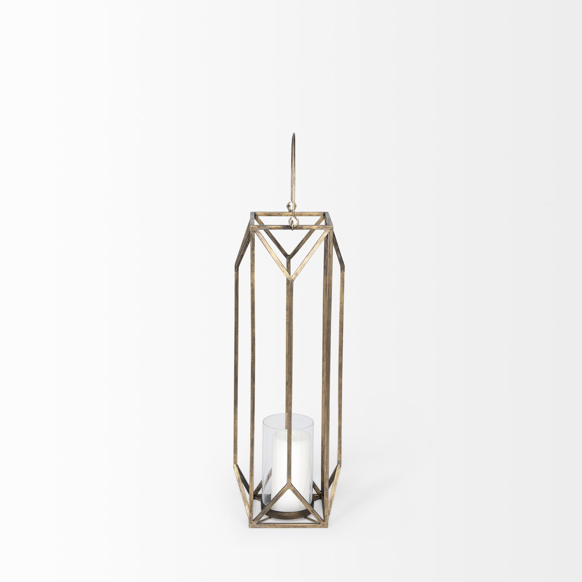 Ivy Small Gold Metal Geometric Cage Candle Holder Lantern, Lighting by Mercana, 8.27" length x 8.27" width x 29.72" height View 6