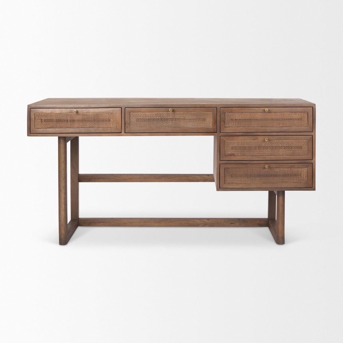 Grier 60' Medium Brown Solid Wood with Cane Office Desk, by Mercana, 60" length x 22.75" width x 30.5" height View 3