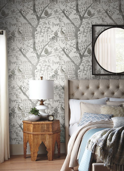 Peacock Block Print Grey Wallpaper