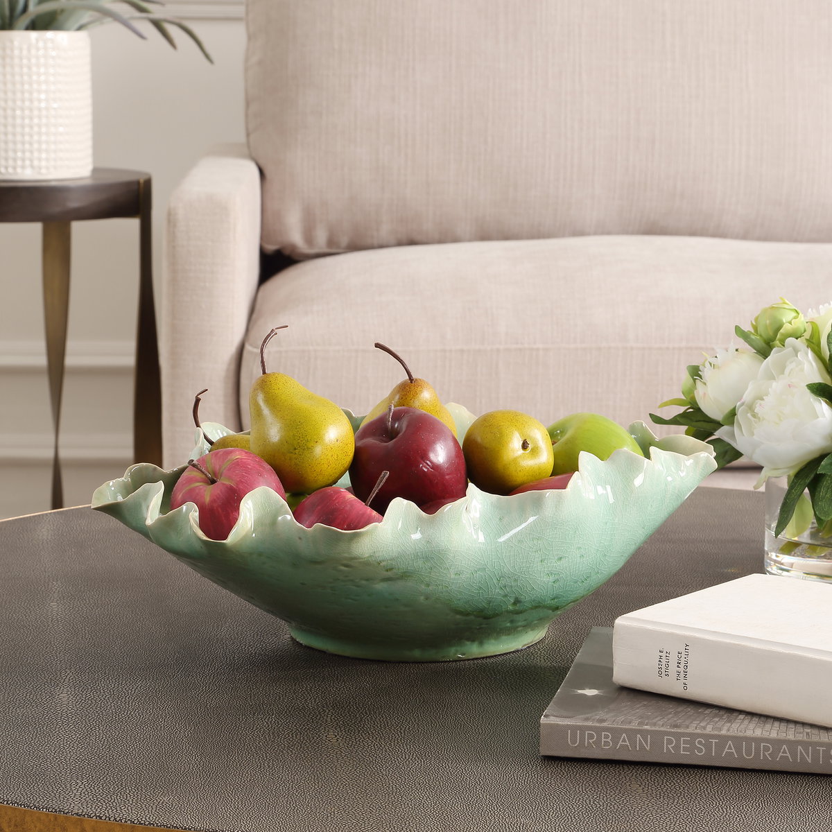 Lila Green Glass Bowl, Decorative Tray by Uttermost, 17.25" width x 5.5" height x 12.5" depth View 2
