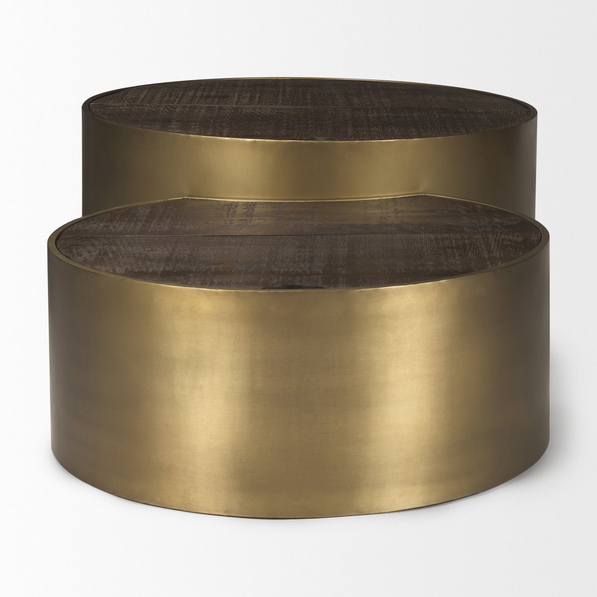 Eclipse Antique Brass Metal Drum Base with Dark Brown Wood Top Nested Coffee Table, by Mercana, 36.22" length x 36.22" width x 17.32" height View 10