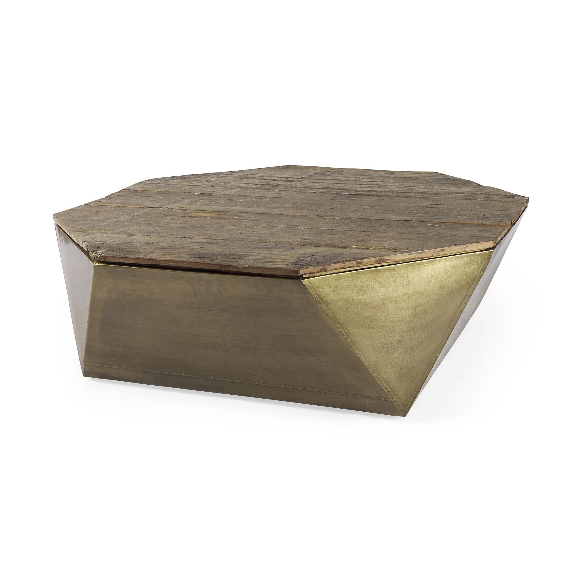 Esagono Octagonal Gold Metal-Clad Reclaimed Wood Coffee Table with Storage, by Mercana, 48" length x 48" width x 15" height View 1