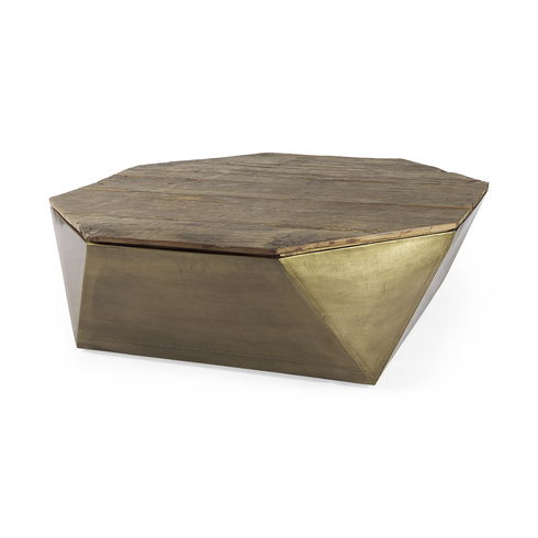 Esagono Octagonal Gold Metal-Clad Reclaimed Wood Coffee Table with Storage