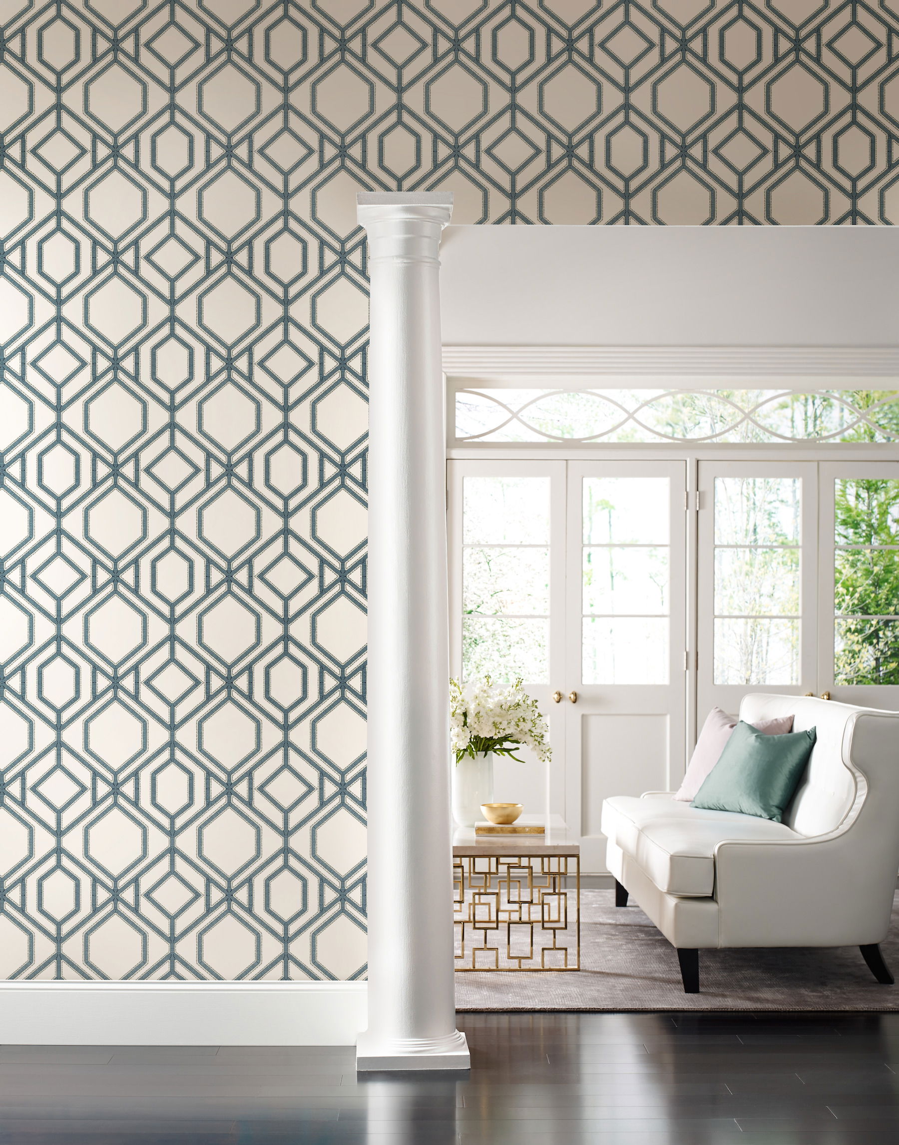 Sawgrass Trellis White & Blue Wallpaper large image 