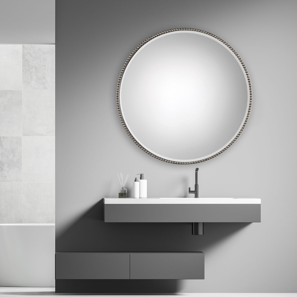 Stefania Beaded Round Mirror, by Uttermost, 40" width x 40" height x 3.25" depth View 2