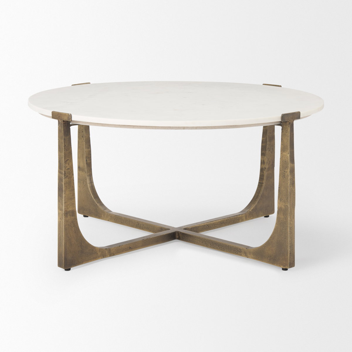 Atticus Marble and Antiqued Gold Metal Coffee Table, by Mercana, 34" length x 34" width x 16.25" height View 3