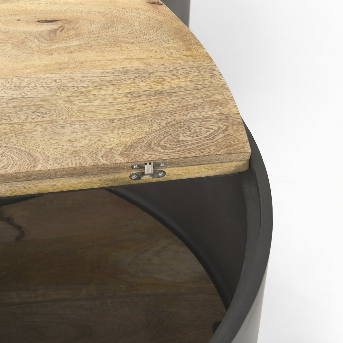 Eclipse Gunmetal Gray Drum Base with Brown Wood Top Nested Coffee Table, by Mercana, 36.22" length x 36.22" width x 17.32" height View 11