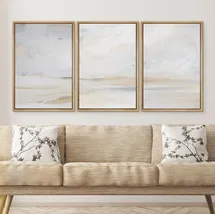 Online Designer Bedroom Minimal Landscape "Muted Abstract Serene Coastal Beach Framed 3 Pieces Canvas Digital Print Wall Art