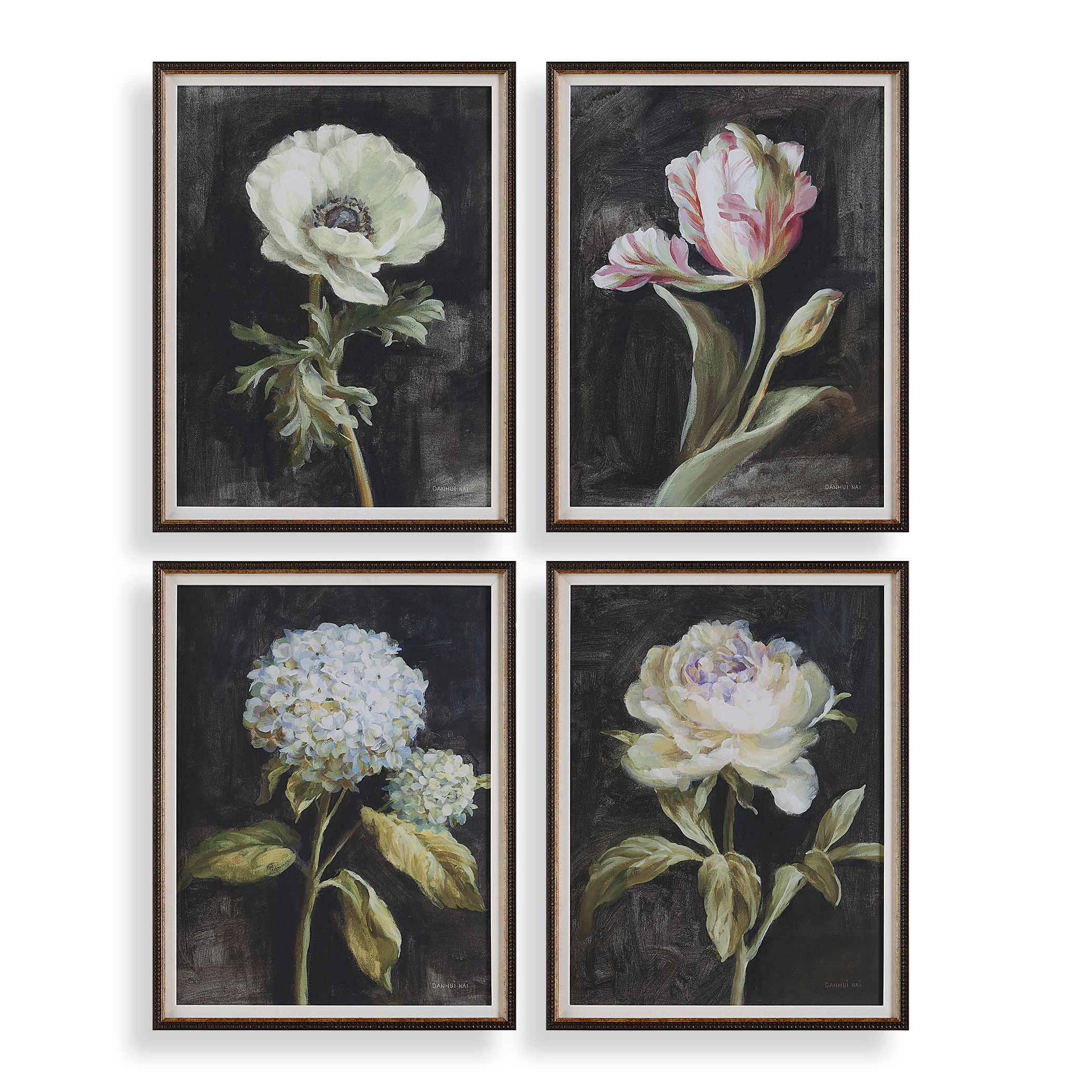Florals On Black Framed Prints, Set/4 large image 