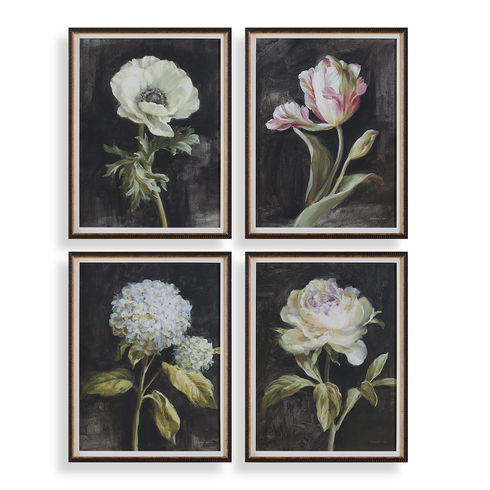 Florals On Black Framed Prints, Set/4