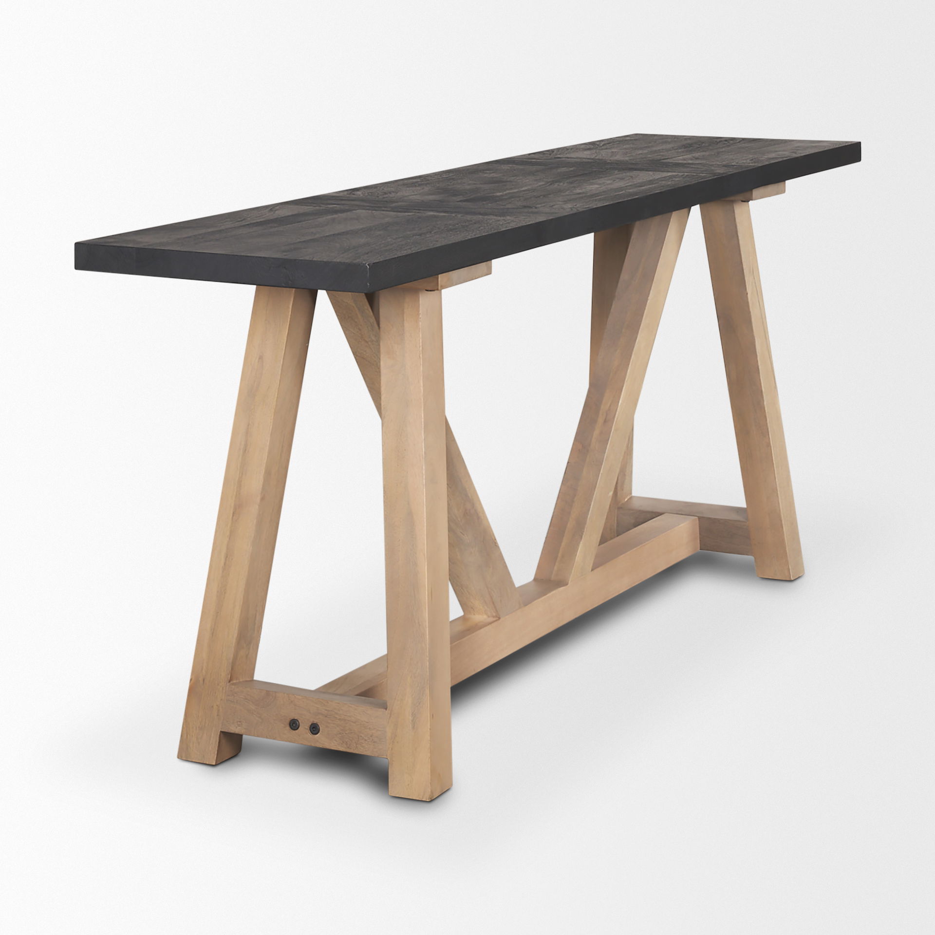 Rialto Two-Toned Black and Brown Wood Angular Leg Console Table, by Mercana, 70" length x 18" width x 30" height View 5