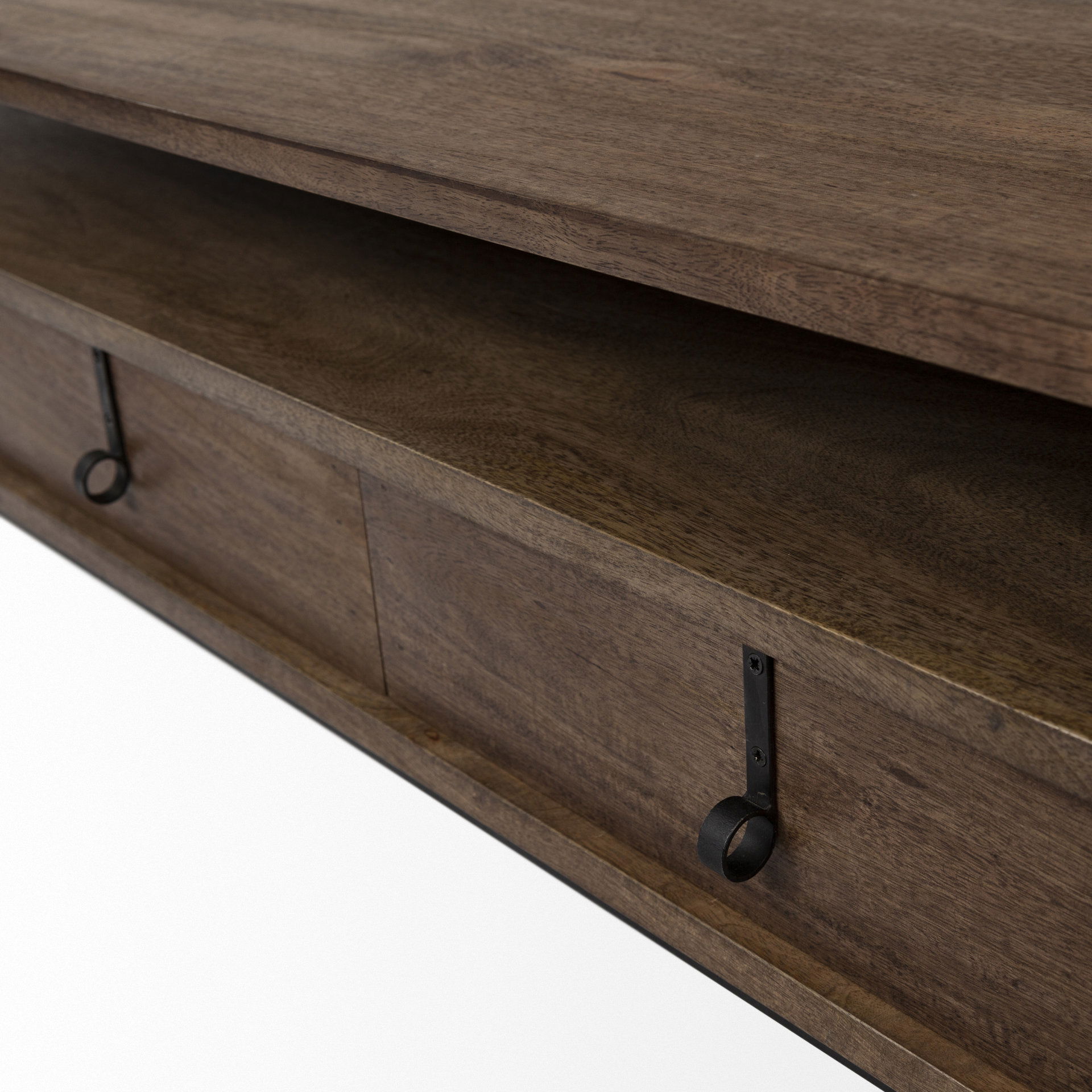 Glenn II 54x30 Dark Brown Wood with Black Iron Frame, Rectangle 3 Drawers Coffee Table, by Mercana, 55.75" length x 30.5" width x 17" height View 10