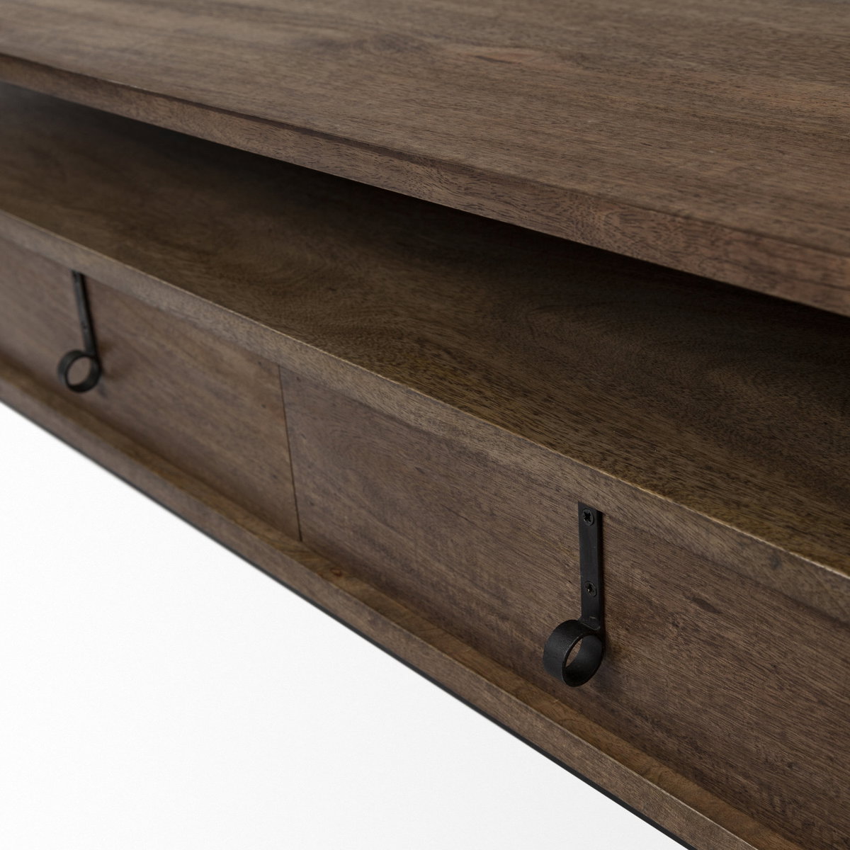 Glenn II 54x30 Dark Brown Wood with Black Iron Frame, Rectangle 3 Drawers Coffee Table, by Mercana, 55.75" length x 30.5" width x 17" height View 10