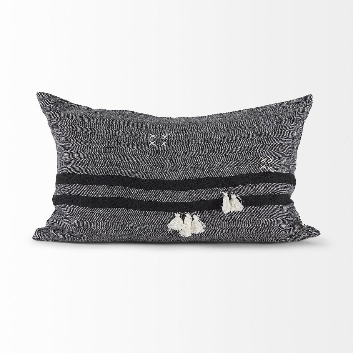 Sibyl 13x21 Black Fabric Striped and White Fringed Pillow Cover, Decorative Pillow by Mercana, 13" length x 21" width x 0.2" height View 6