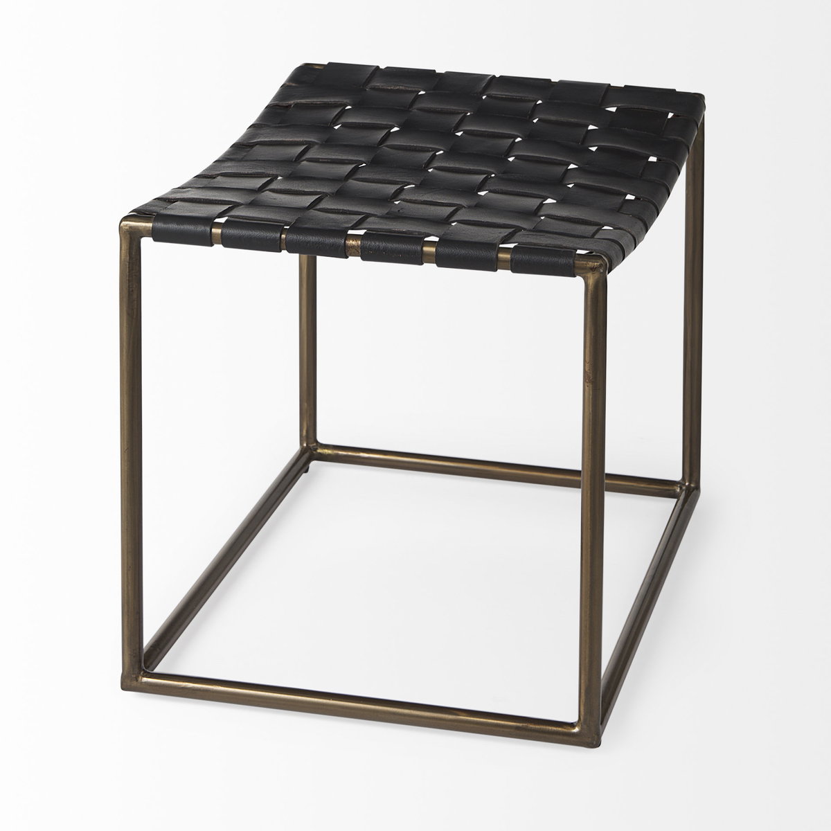 Clarissa 22.0L x 16.0W x 16.75H Black Leather Woven Seat with Gold Metal Frame Stool, Benche by Mercana, 22" length x 16" width x 16.5" height View 6