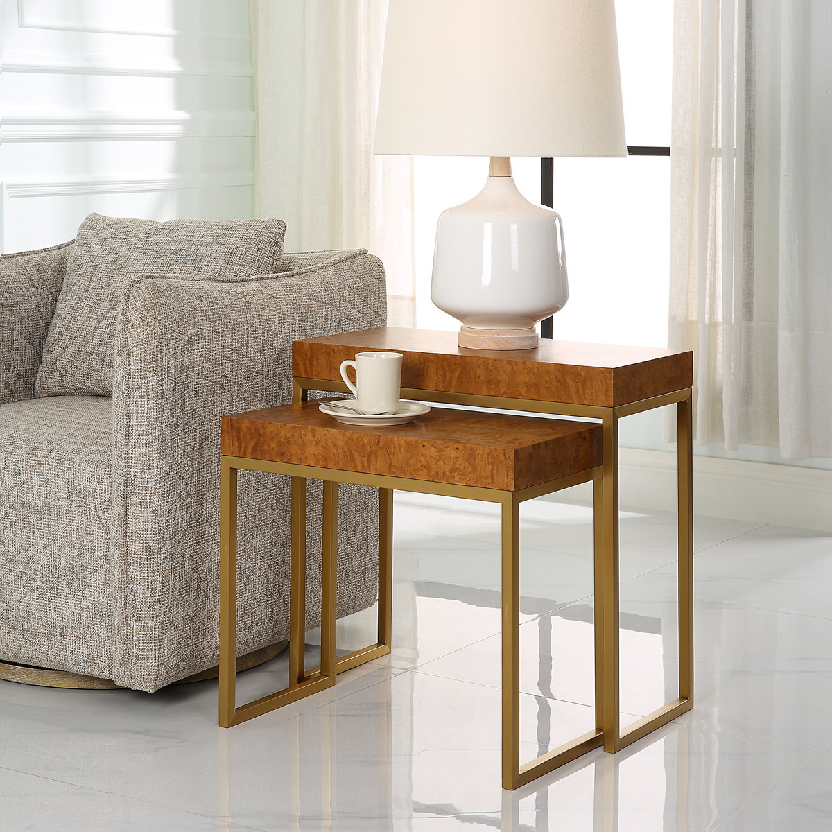 Burl-esque Wooden Nesting Tables Set/2, Side & End Table by Uttermost, 24.5" width x 24.5" height x 12" depth View 2