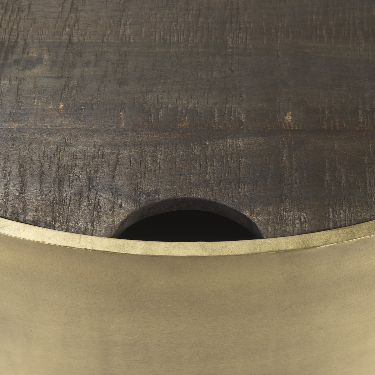 Eclipse Antique Brass Metal Drum Base with Dark Brown Wood Top Nested Coffee Table, by Mercana, 36.22" length x 36.22" width x 17.32" height View 12