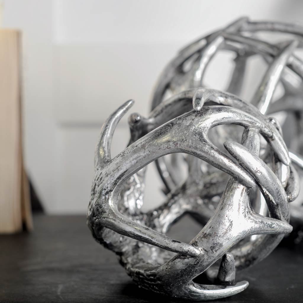 Ramus III (Small) 5L x 5W Silver Antler Shaped Decorative Orb Ball, Decorative Object by Mercana, 4.69" length x 4.69" width x 4.69" height View 2