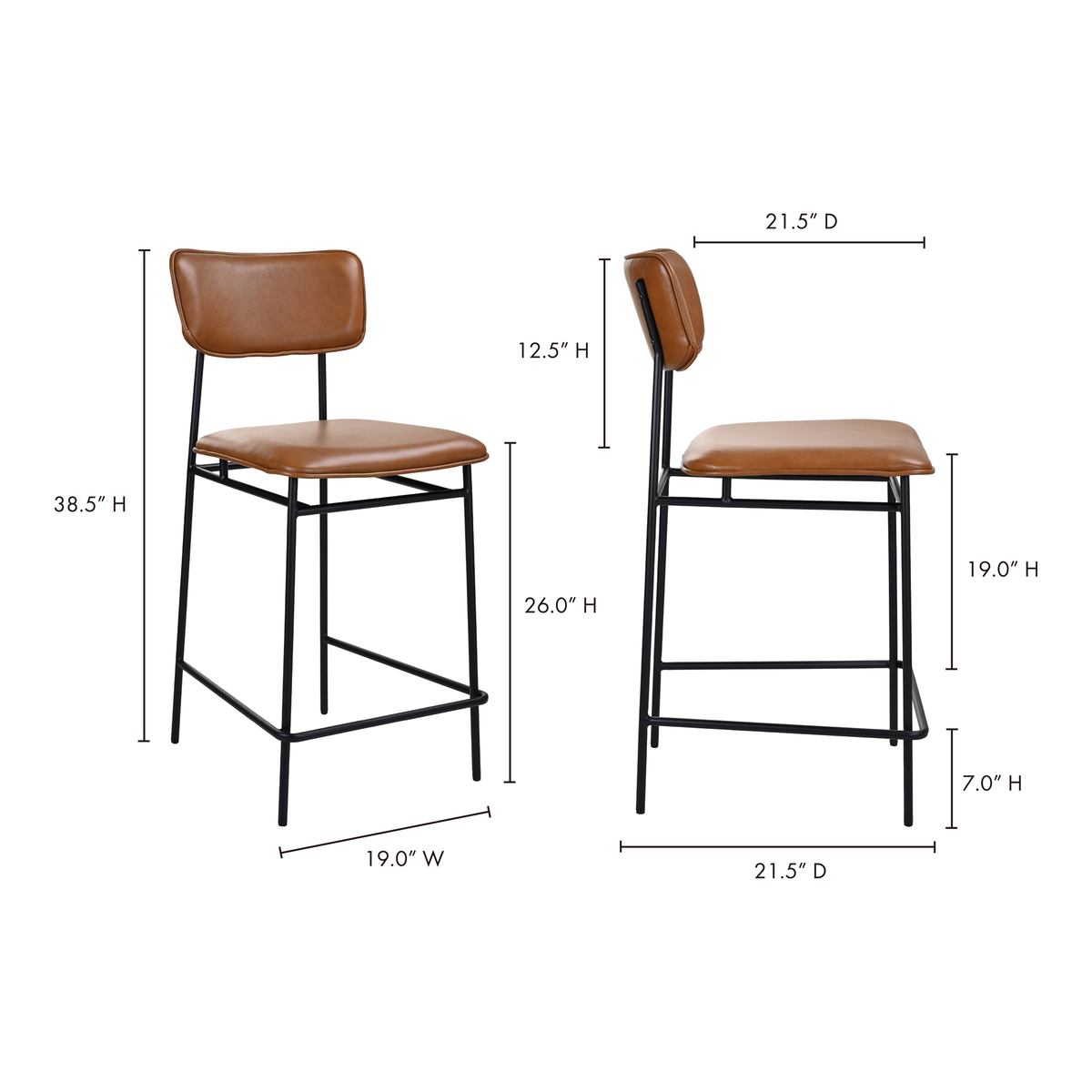 Sailor Counter Stool Brown, Counter & Bar Stool by Moe's Home, 18.1" width x 42.5" height x 21.5" depth View 7