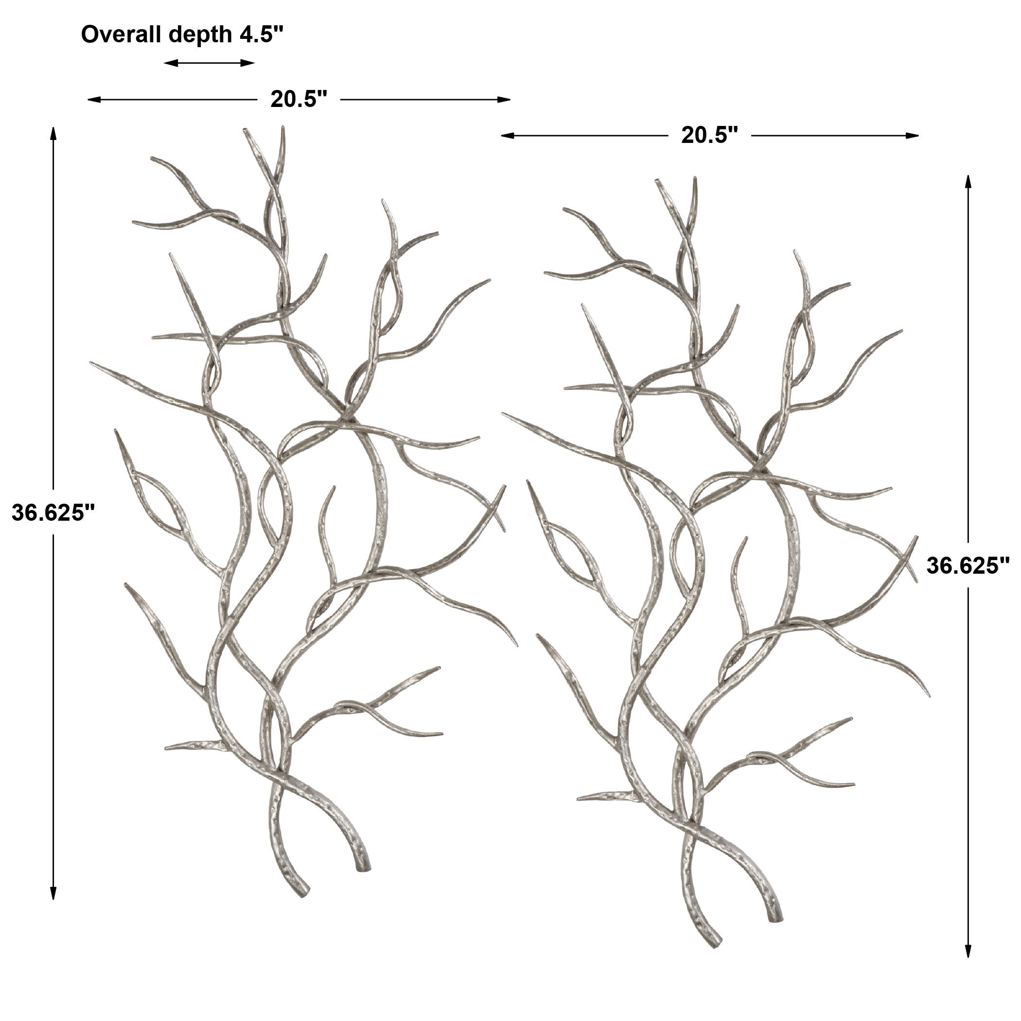 Silver Branches Wall Art Set/2, Sculptural Wall Art by Uttermost, 20" width x 36.75" height x 3" depth View 3