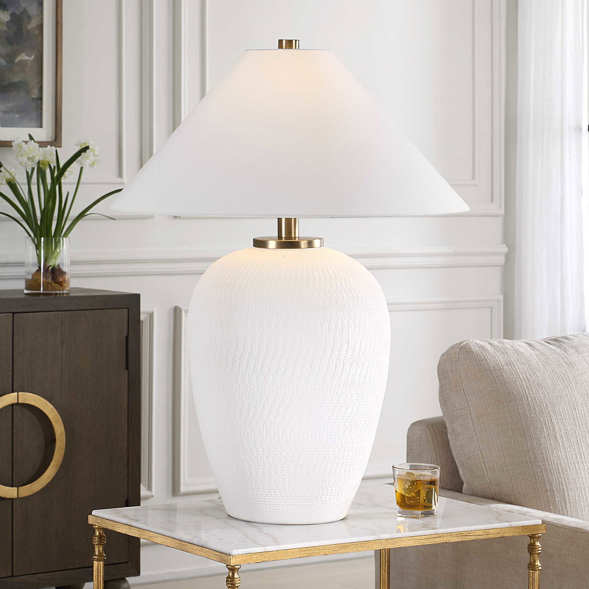Merriton Matt White Table Lamp, by Uttermost, 2'1" width x 2'9" height x 2'1" depth View 2