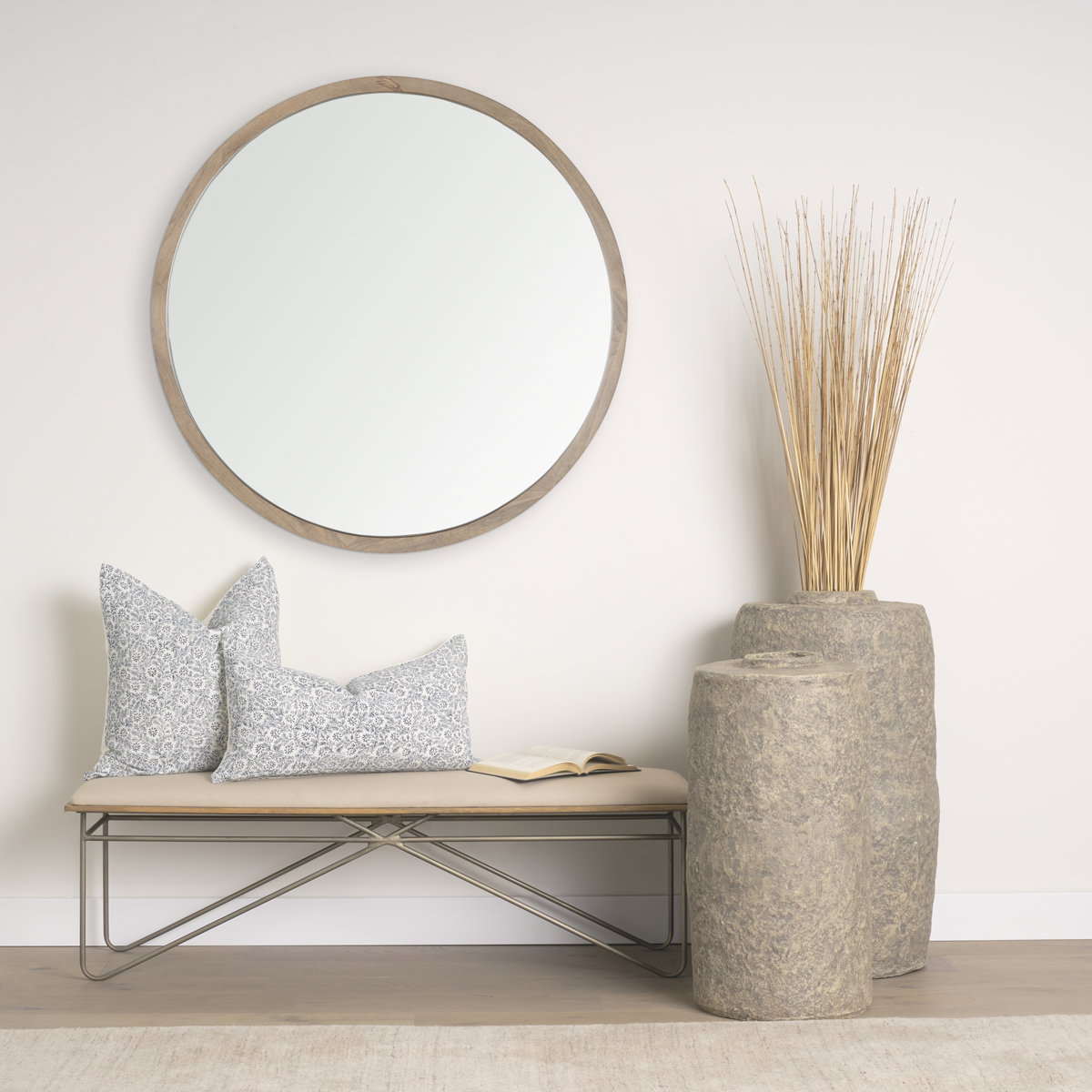 Jayne Cream with Indigo Print Linen Lumbar Decorative Pillow Cover, by Mercana, 14" length x 26" width x 0.2" height View 2