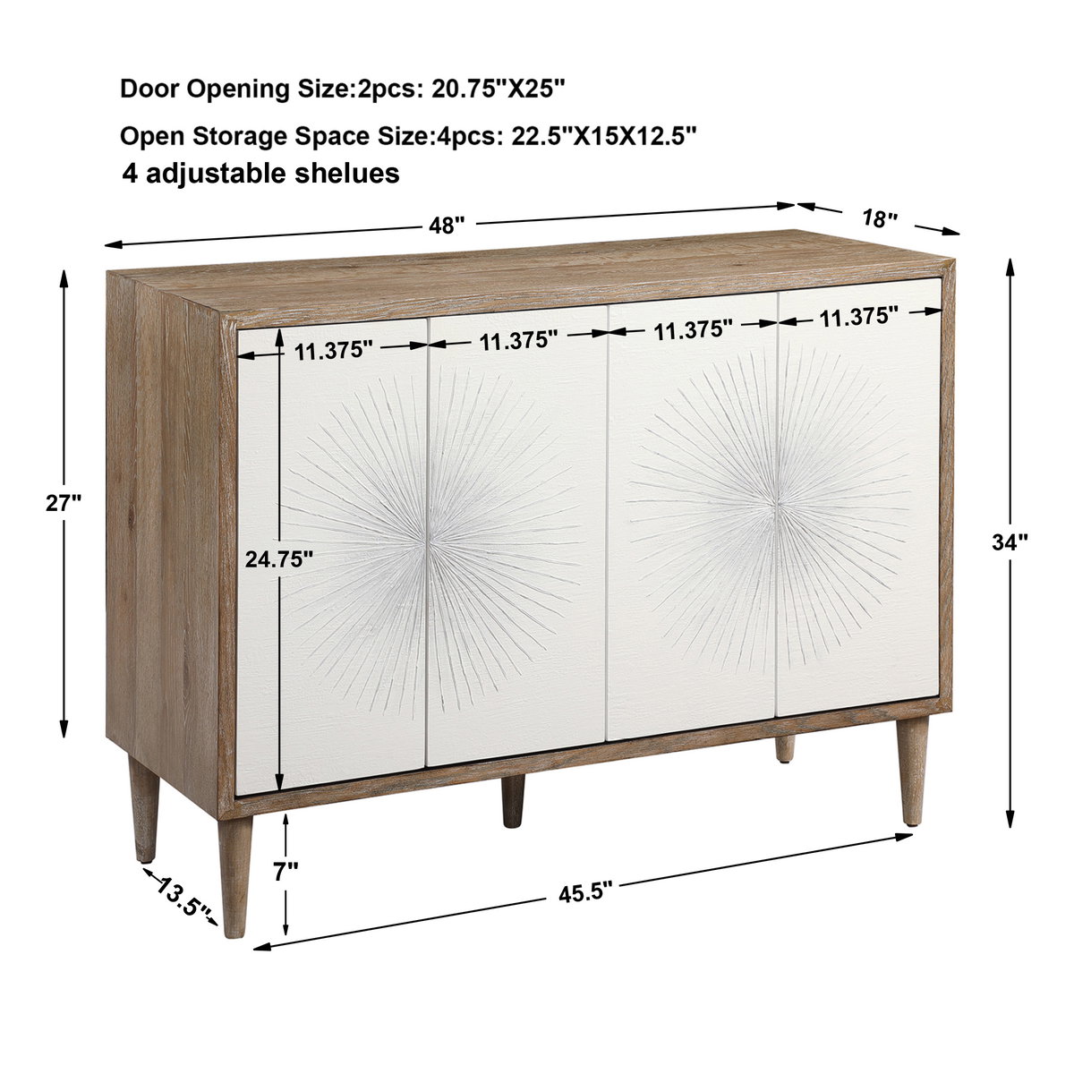 Dani 4 Door White Cabinet, Cabinets & Chest by Uttermost, 48" width x 34.12" height x 18" depth View 3