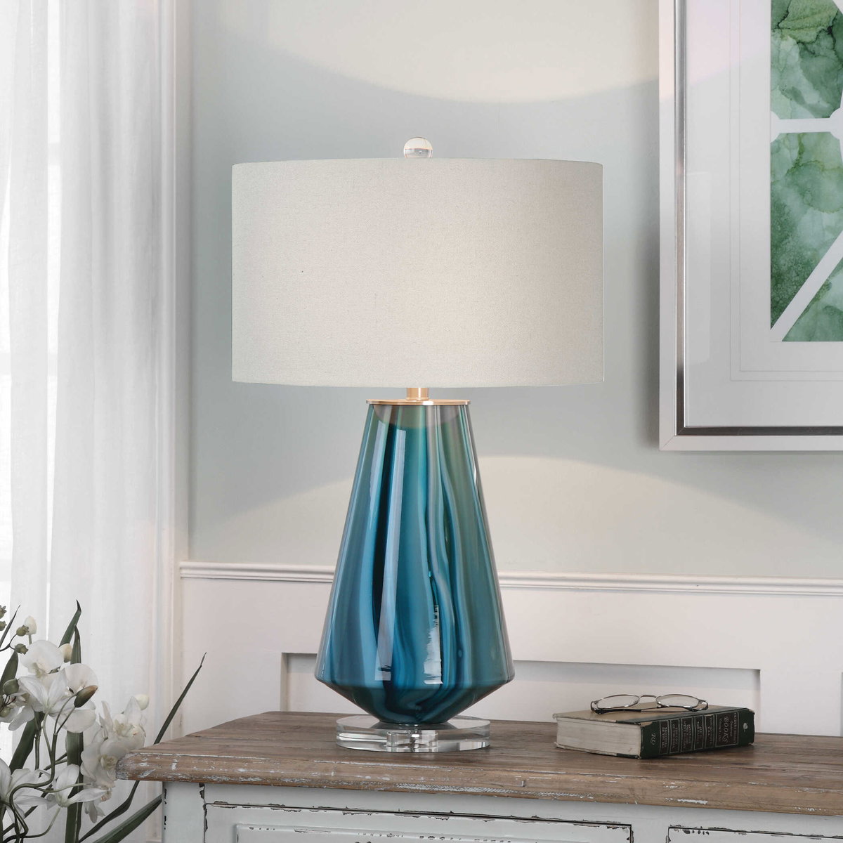 Pescara Teal-Gray Glass Lamp, Table Lamp by Uttermost, 17" width x 28.25" height x 17" depth View 4