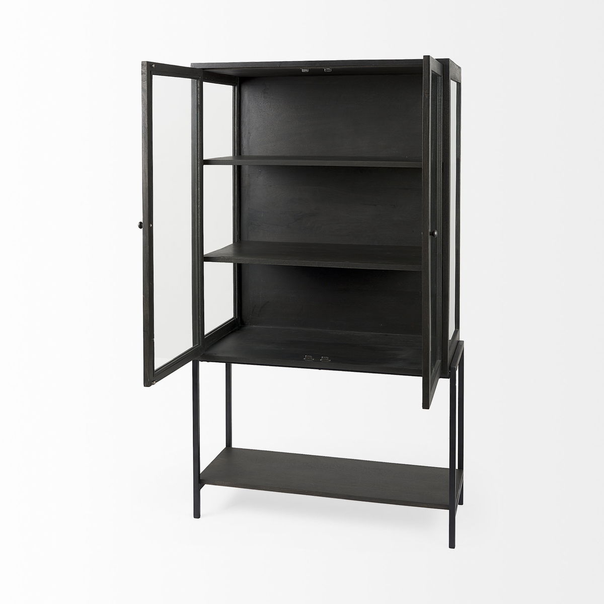 Arelius 36L x 18.75W x 63H Black-Brown Wood with Black Metal Base Display Cabinet, Cabinets & Sideboard by Mercana, 36" length x 18.75" width x 63" height View 8