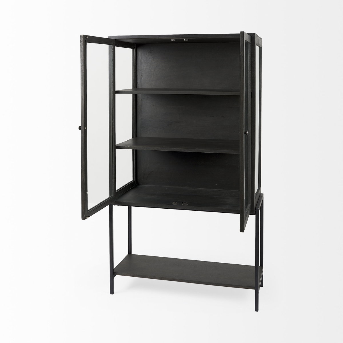Arelius 36L x 18.75W x 63H Black-Brown Wood with Black Metal Base Display Cabinet, Cabinets & Sideboard by Mercana, 36" length x 18.75" width x 63" height View 8