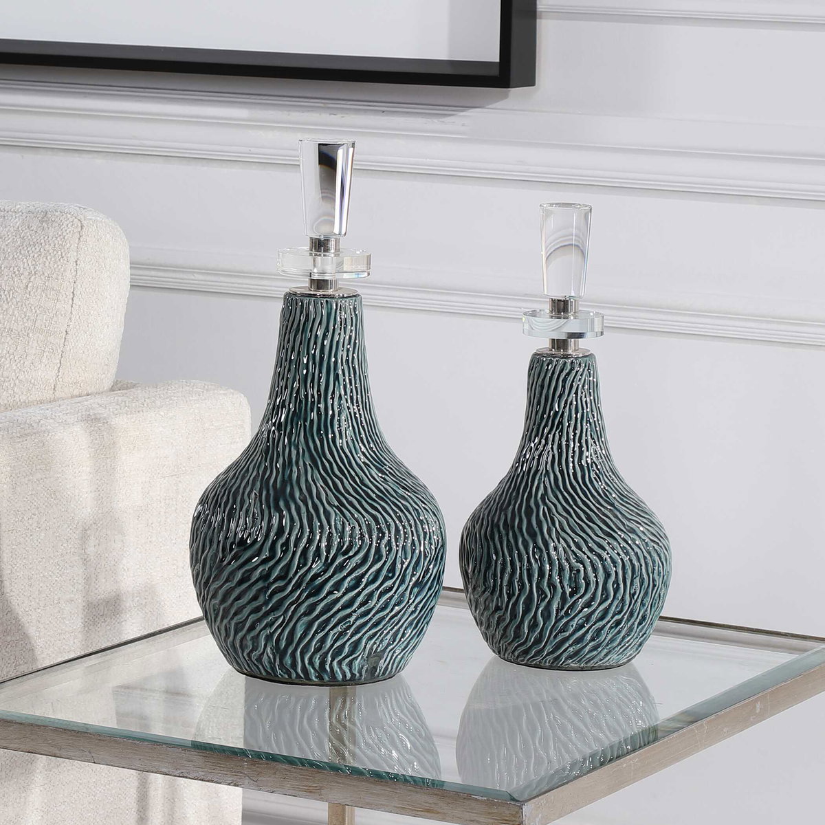 Almera Dark Teal Bottles Set/2, by Uttermost, 7.5" width x 1'3.5" height x 7.5" depth View 3