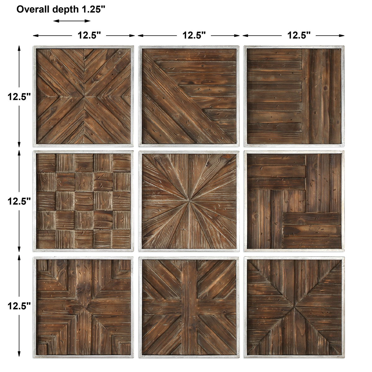 Bryndle Rustic Wooden Squares Set/9, Sculptural Wall Art by Uttermost, 12.5" width x 12.5" height x 1.25" depth View 3
