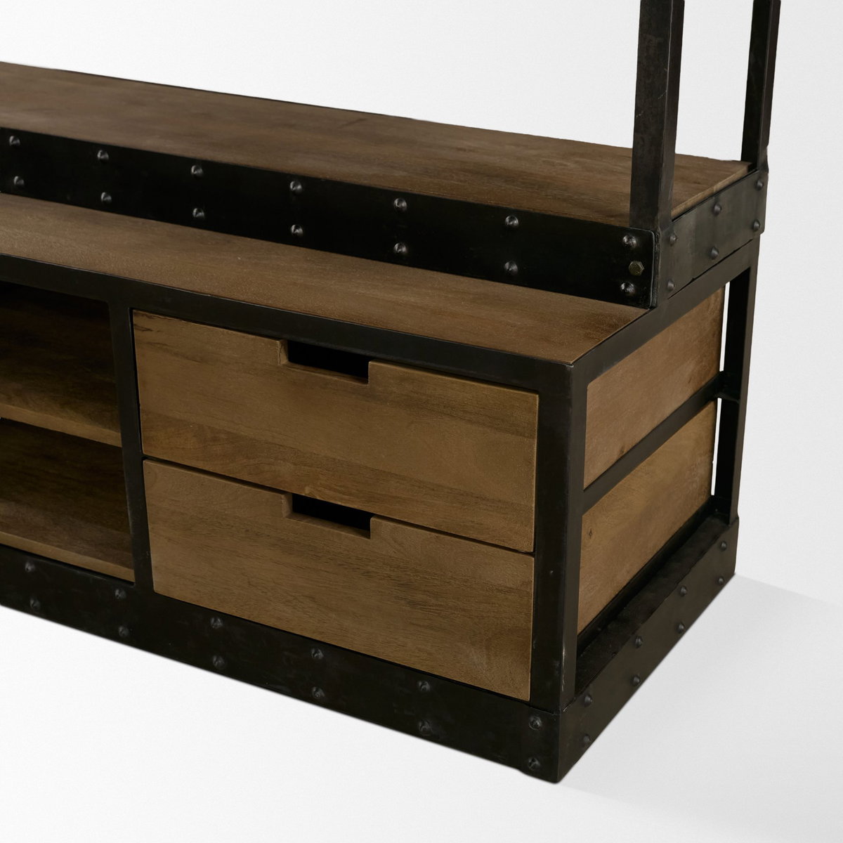 Brodie VIII 57L x 20.5W x 94H Brown Wood Gun-Metal Ladder Four Shelf Shelving Unit, Shelving & Bookcase by Mercana, 57" length x 20.5" width x 94" height View 11