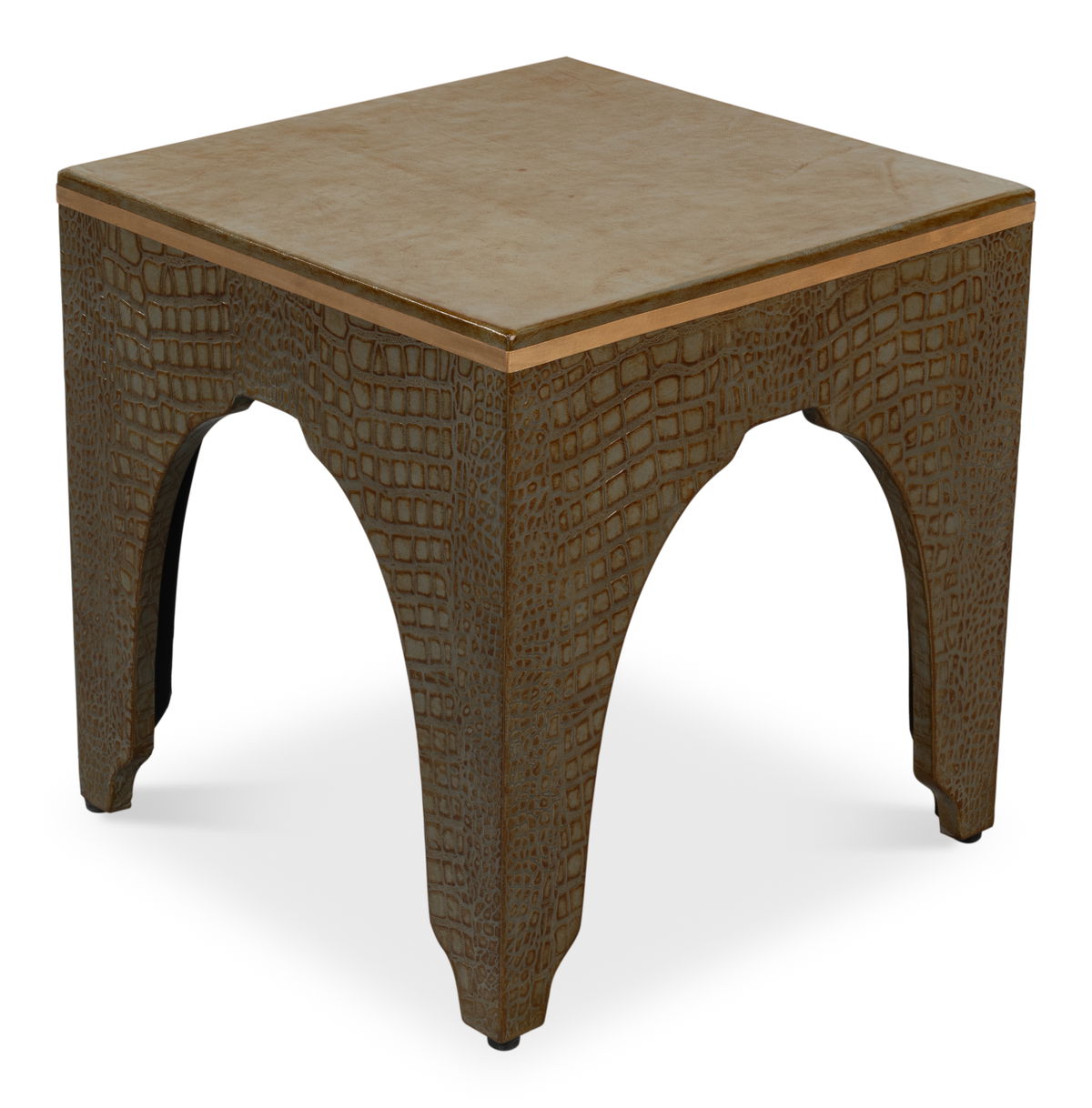 Croco Embossed Leather Stool  Ant. Green, by Sarreid, 1'6" length x 1'6" width x 10" height View 9