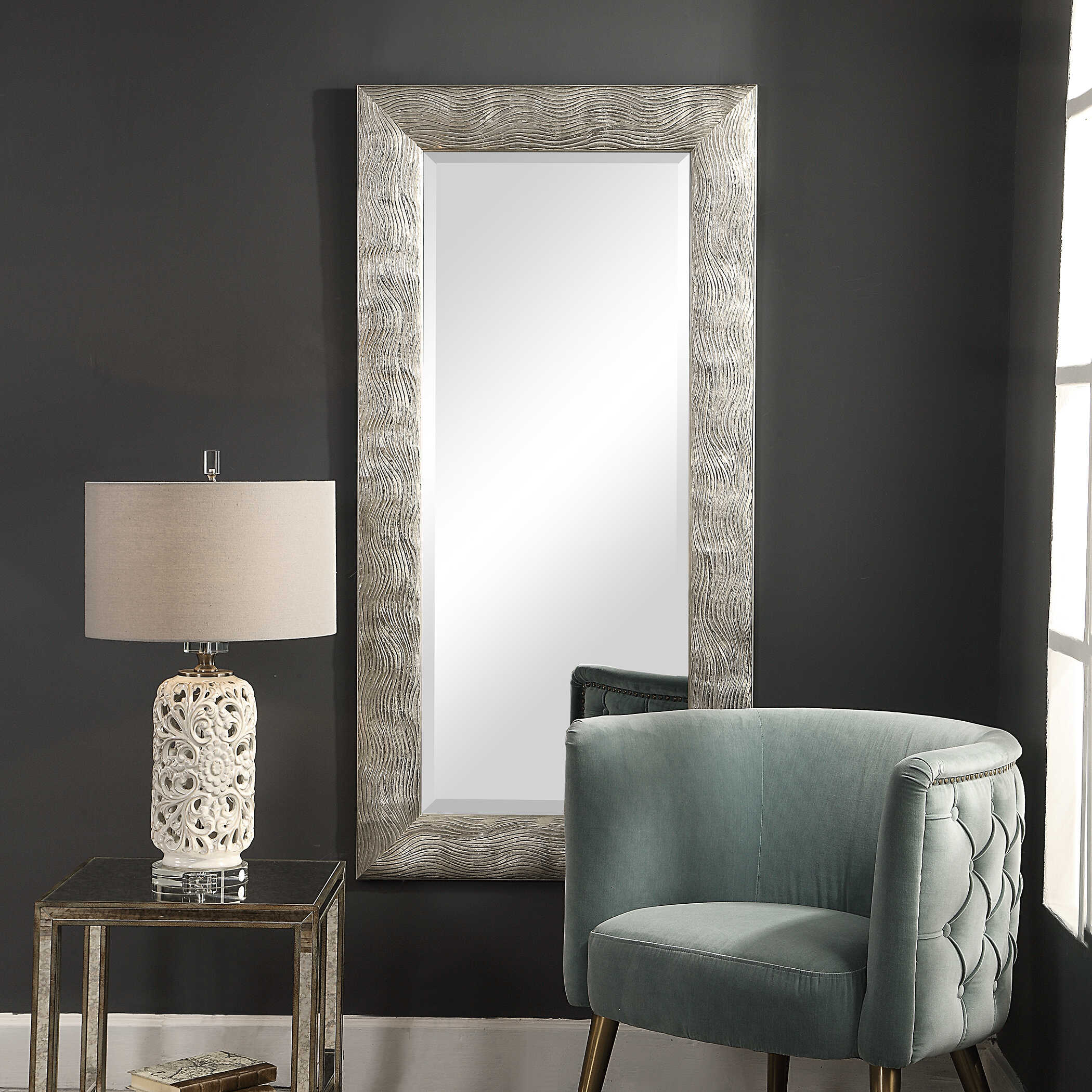 Maeona Metallic Silver Mirror, by Uttermost, 30" width x 60" height x 0.94" depth View 2