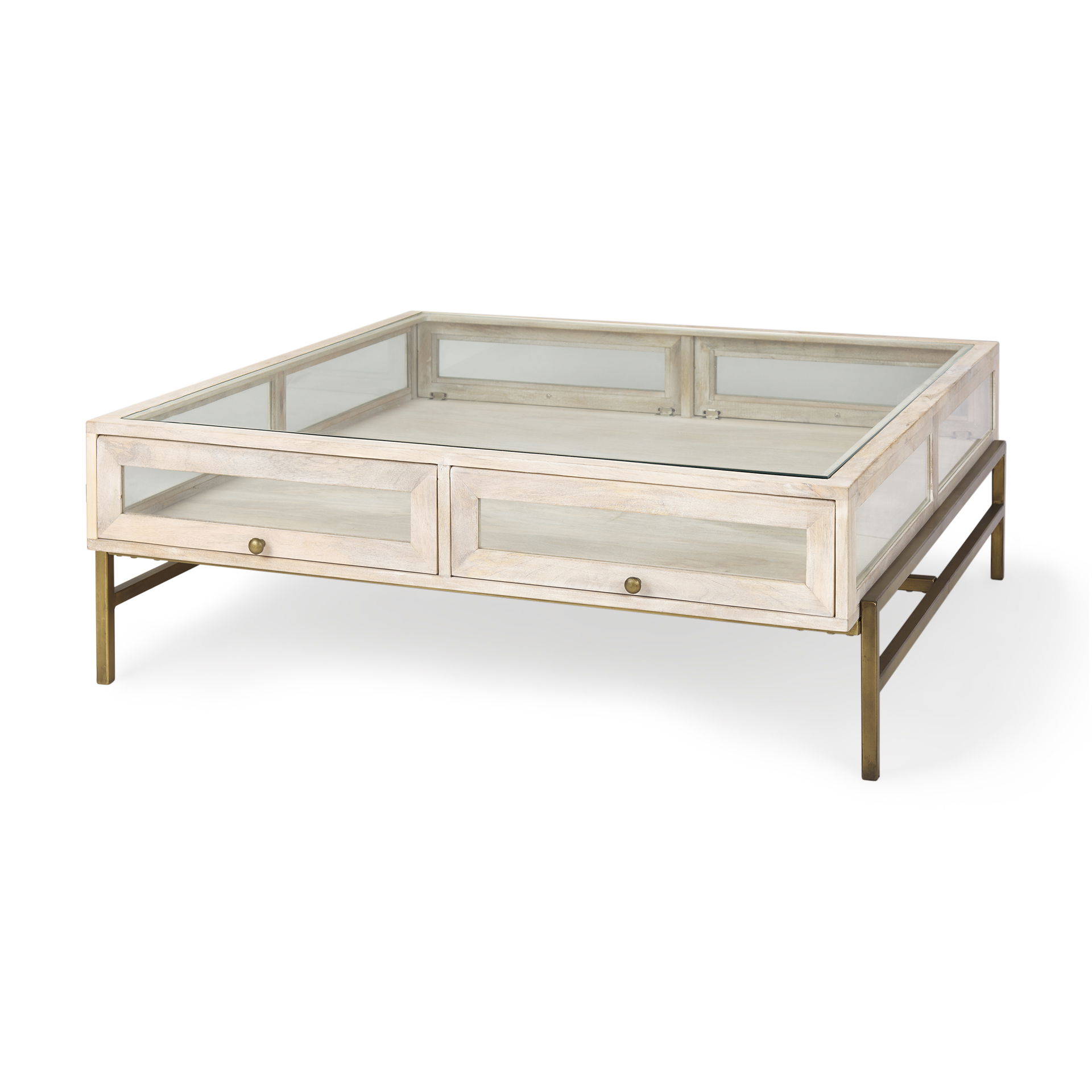 Arelius 42' Square Glass-Top White Wood with Gold Metal Base Display Coffee Table, by Mercana, 43.5" length x 42" width x 15" height View 1