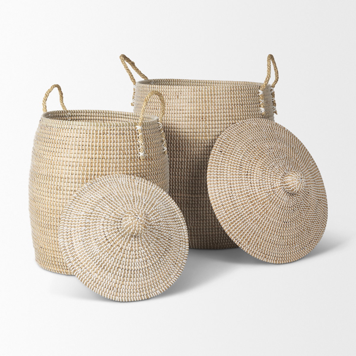 Kairi Set of 2 Seagrass Floor Baskets with Lids and Handles, Bins & Basket by Mercana, 20.87" length x 20.87" width x 29.92" height View 7