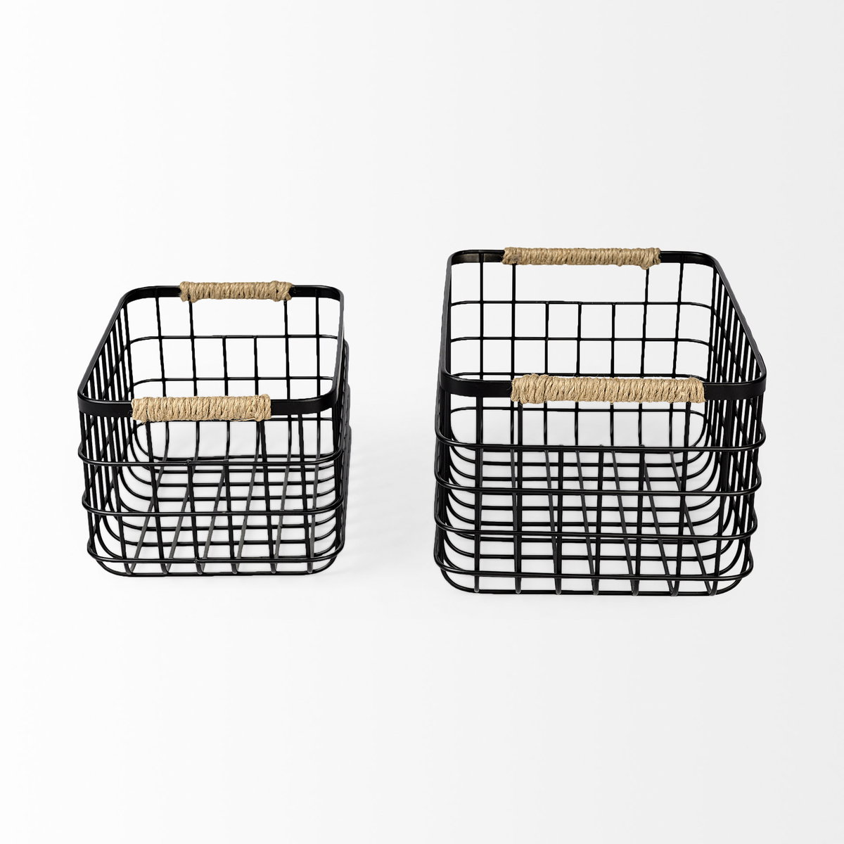 Marius (Set of 2) Matte Black Metal with Rope Trim Rectangular Baskets, Bins & Basket by Mercana, 20.87" length x 15.16" width x 12.2" height View 3